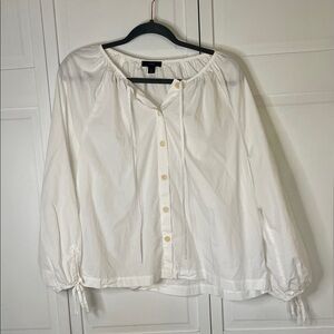 J. Crew White Button-Up Poplin Blouse with Balloon Sleeves L